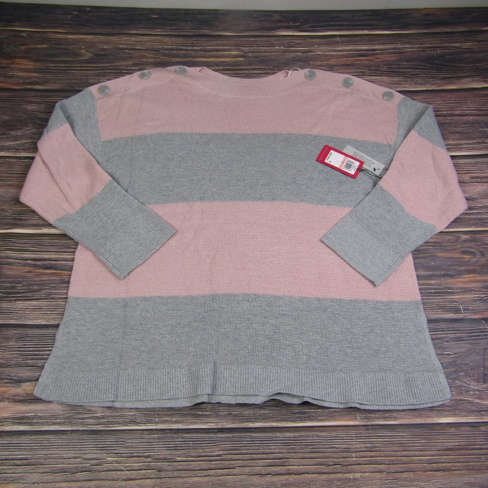 Vince Camuto NEW 2X Pink Gray Striped Button Shoulder Detail Crewneck Sweater